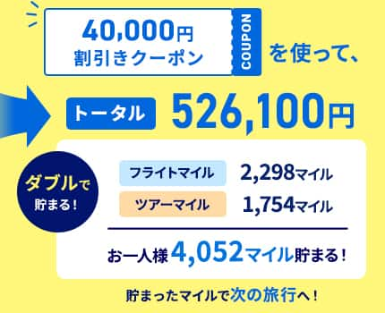 40,000円割引クーポンを使って、トータル526,100円 ダブルで貯まる！ フライトマイル：2,298マイル ツアーマイル：1,754マイル お一人様4,052マイル貯まる！ 貯まったマイルで次の旅行へ！