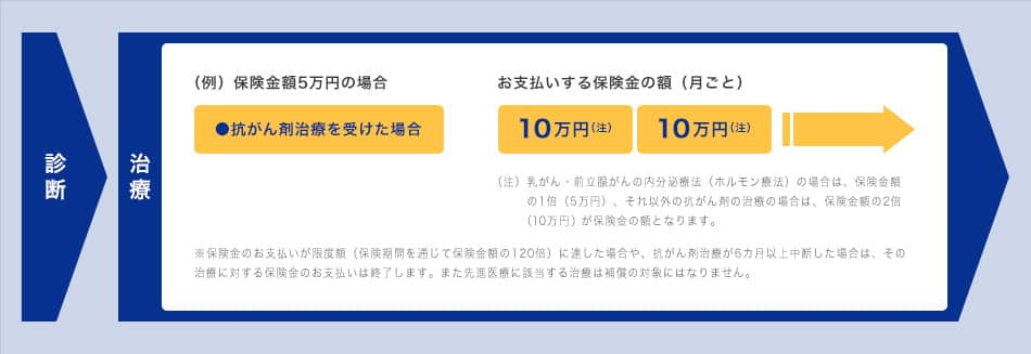 （例）保険金額5万円の場合 抗がん剤治療を受けた場合 お支払いする保険金の額（月ごと）10万円