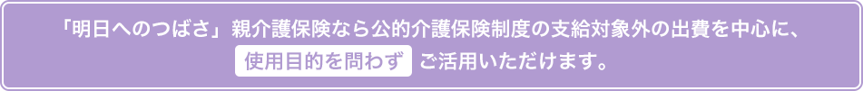 「明日へのつばさ」親介護保険なら公的介護保険制度の支給対象外の出費を中心に、使用目的を問わずご活用いただけます。