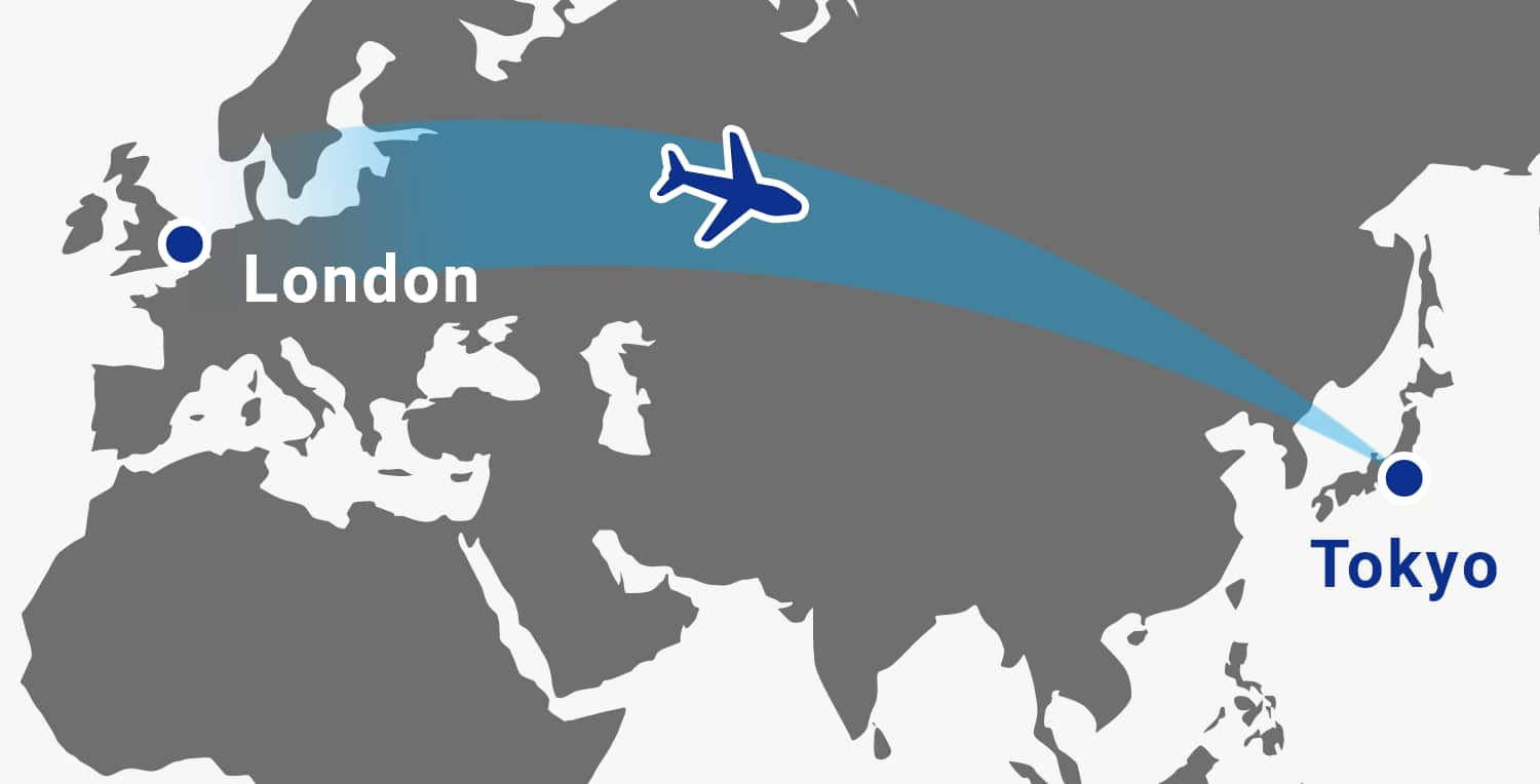 ANA's flight route map from UK to Tokyo