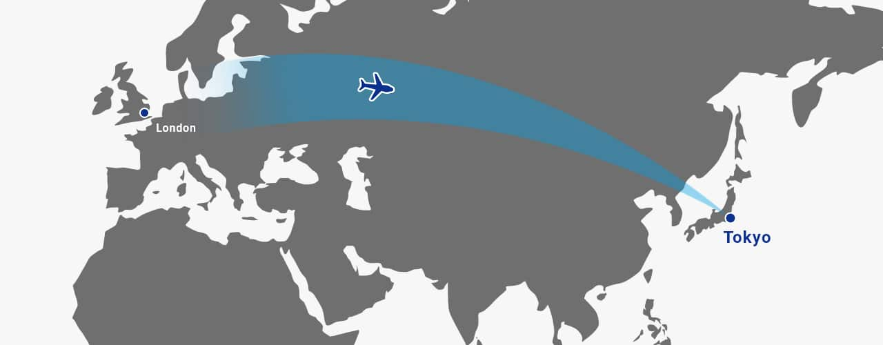 ANA's flight route map from UK to Tokyo