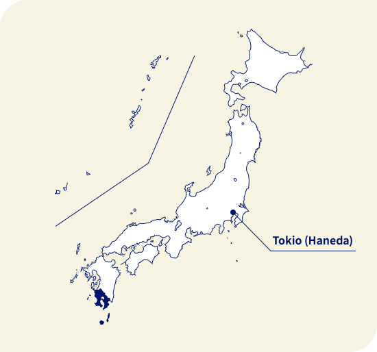 Karte von Japan. Kagoshima liegt südwestlich von Tokio (Haneda)