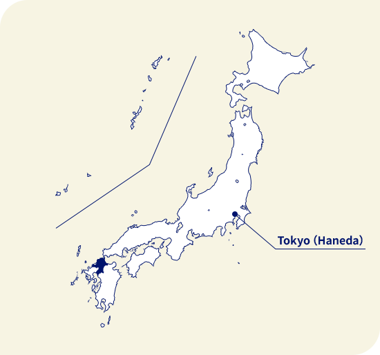 Map of Japan. Fukuoka located southwest of Tokyo (Haneda)