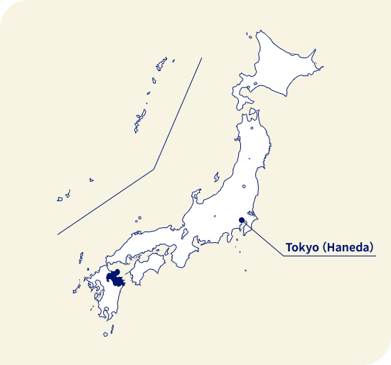 Map of Japan. Oita located southwest of Tokyo (Haneda)