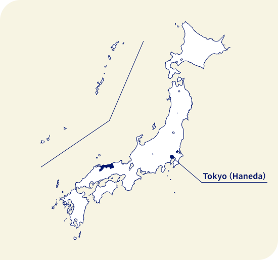 Map of Japan. Tottori located west of Tokyo (Haneda)