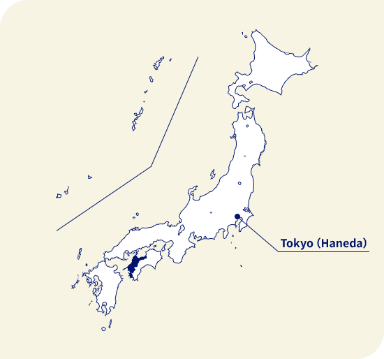 Map of Japan. Ehime located southwest of Tokyo (Haneda)