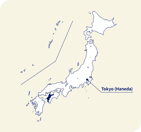 Bản đồ của Nhật bản. Ehime nằm ở phía tây nam Tokyo (Haneda)