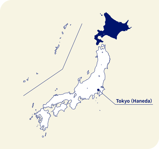 Map of Japan. Hokkaido located north of Tokyo (Haneda)