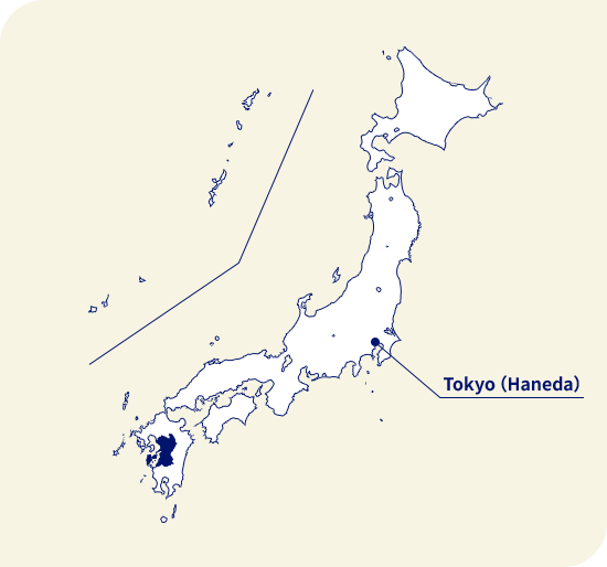 Map of Japan. Kumamoto located southwest of Tokyo (Haneda)