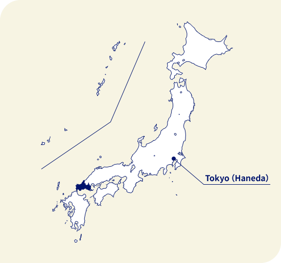 Map of Japan. Yamaguchi located west of Tokyo (Haneda)