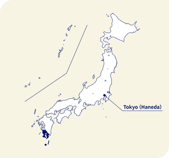 Map of Japan. Kagoshima located southwest of Tokyo (Haneda)