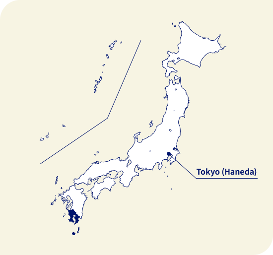 Bản đồ của Nhật bản. Kagoshima nằm ở phía tây nam Tokyo (Haneda)