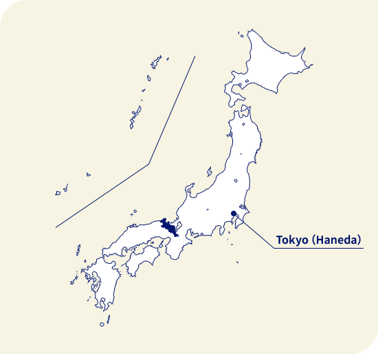 Map of Japan. Kyoto located west of Tokyo (Haneda)