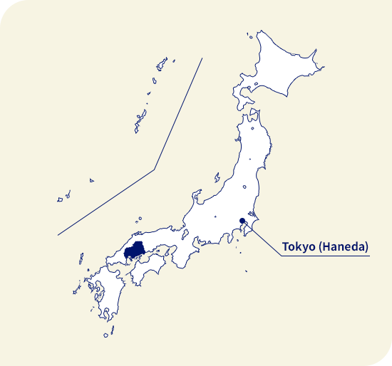 Peta Jepang. Hiroshima terletak di sebelah barat Tokyo (Haneda)