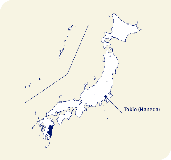 Karte von Japan. Miyazaki liegt südwestlich von Tokio (Haneda)