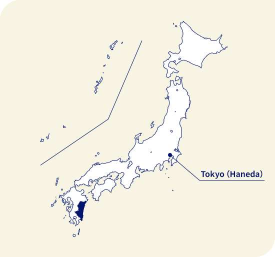 Map of Japan. Miyazaki located southwest of Tokyo (Haneda)