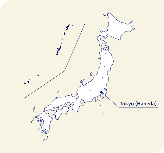 Map of Japan. Okinawa located southwest of Tokyo (Haneda)