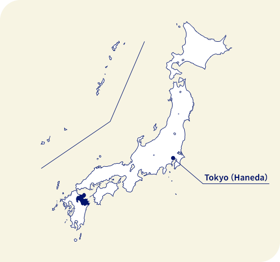 Map of Japan. Oita located southwest of Tokyo (Haneda)