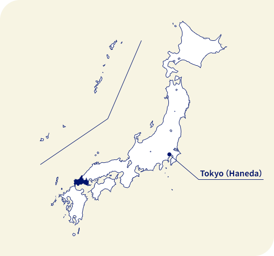 Map of Japan. Yamaguchi located west of Tokyo (Haneda)