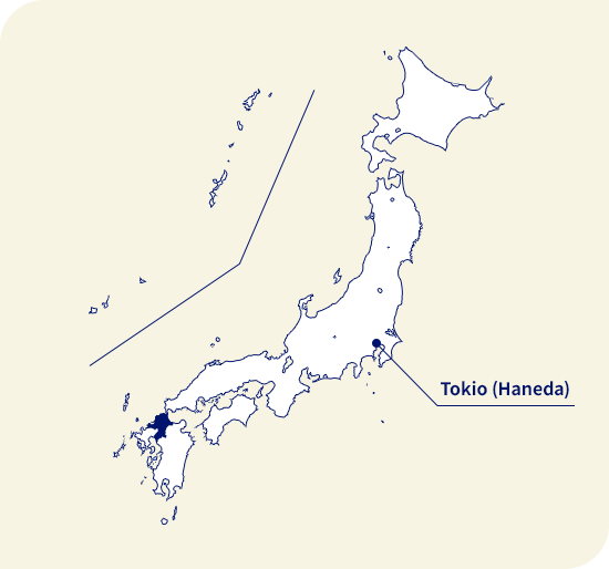 Karte von Japan. Fukuoka liegt südwestlich von Tokio (Haneda)