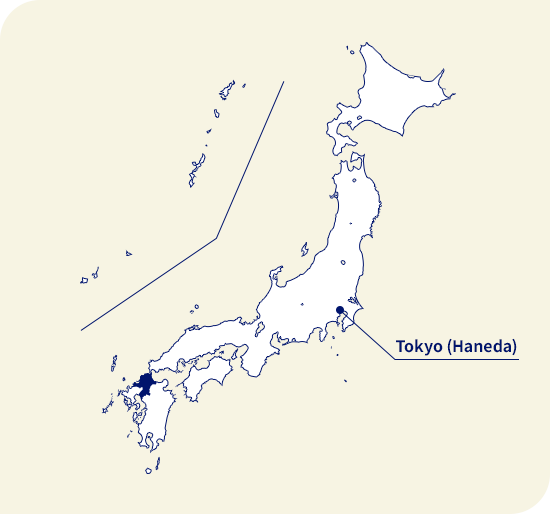 Bản đồ của Nhật bản. Fukuoka nằm ở phía tây nam Tokyo (Haneda)