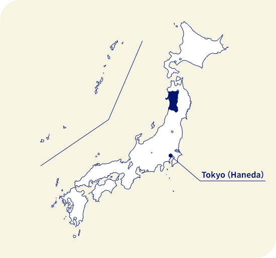 Map of Japan. Akita located north of Tokyo (Haneda)