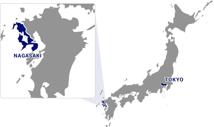 Map of Japan. Nagasaki located southwest of Tokyo