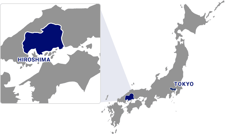 Map of Japan. Hiroshima located west of Tokyo