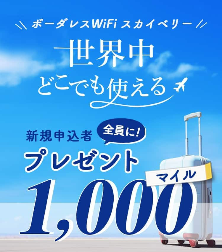 ボーダレスWiFiスカイベリー 世界中どこでも使える 新規申込者全員に!プレゼント1,000マイル