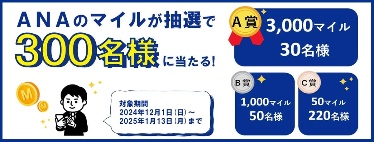 ANAのマイルが抽選で300名様に当たる！　A賞　3,000マイル30名様　B賞　1,000マイル50名様　C賞　50マイル220名様　対象期間2024年12月1日（日）～2025年1月13日（月）まで