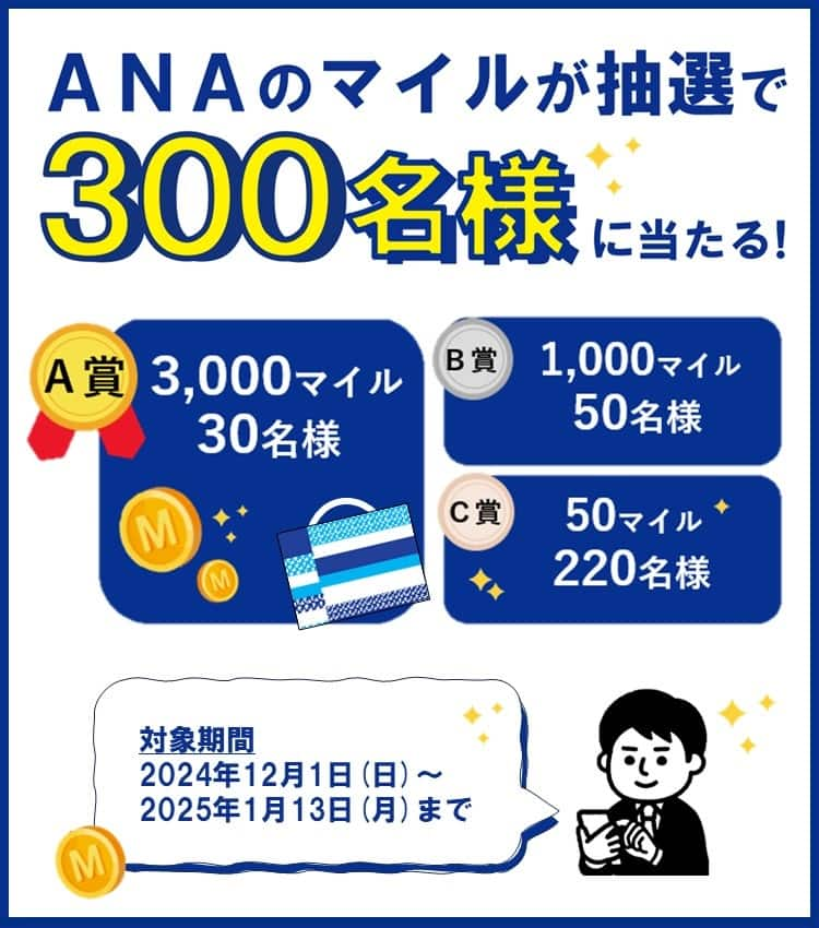 ANAのマイルが抽選で300名様に当たる！　A賞　3,000マイル30名様　B賞　1,000マイル50名様　C賞　50マイル220名様　対象期間2024年12月1日（日）～2025年1月13日（月）まで