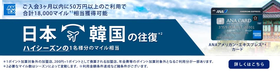 ANAアメリカン・エキスプレス®・カード　ご入会3ヶ月以内に50万円以上のご利用で合計18,000相当獲得可能　日本　韓国の往復　ハイシーズンの1名様分のマイル相当　詳しくはこちら