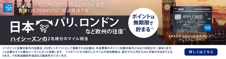 ANAアメリカン・エキスプレス®・プレミアム・カード　ご入会3ヶ月以内に300万円以上のご利用で合計120,000マイル相当獲得可能　日本　パリ、ロンドンなど欧州の往復　ハイシーズンの2名様分のマイル相当　詳しくはこちら