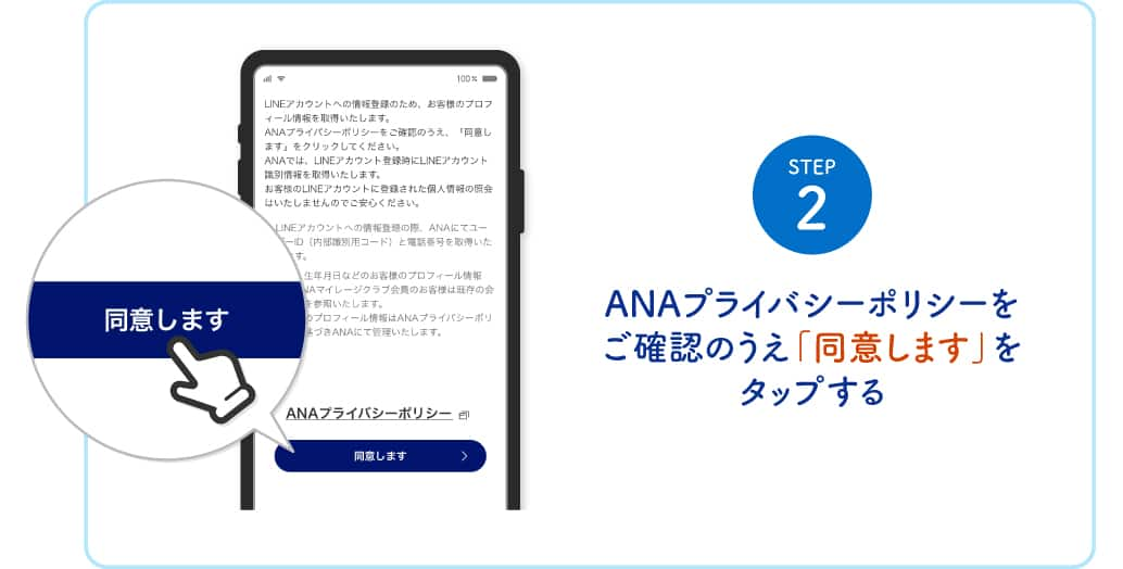 STEP2　ANAプライバシーポリシーをご確認のうえ「同意します」をタップする