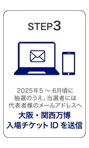 STEP3　2025年5～6月頃に抽選のうえ、当選者には代表者様のメールアドレスへ大阪・関西万博入場チケットIDを送信