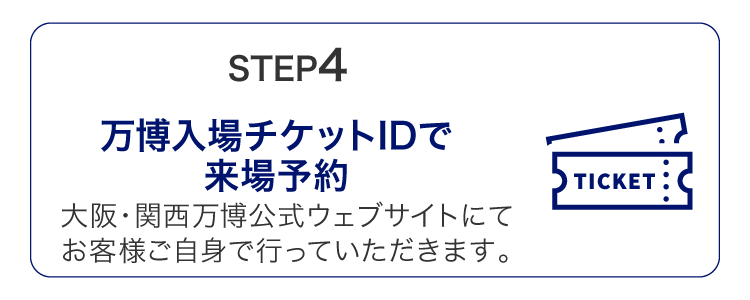 STEP4　万博入場チケットIDで来場予約 大阪・関西万博公式ウェブサイトにてお客様ご自身で行っていただきます。