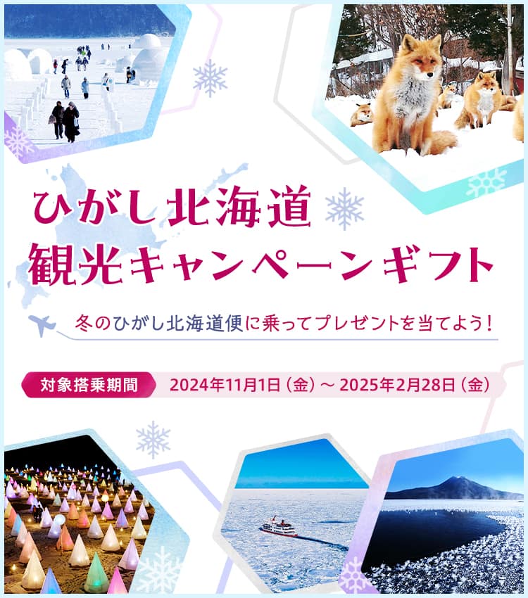 ひがし北海道観光キャンペーンギフト 冬のひがし北海道便に乗ってプレゼントを当てよう！対象搭乗期間2023年11月1日（水）～2024年3月4日（月）