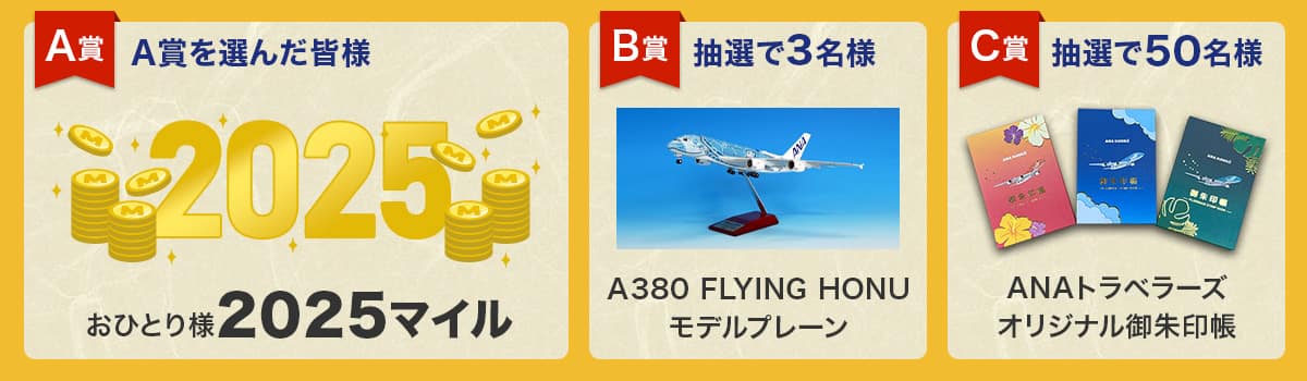 A賞：A賞を選んだ皆様（おひとり様2025マイル）、B賞：抽選で3名様（A380 FLYING HONUモデルプレーン）、C賞：抽選で50名様（ANAトラベラーズオリジナル御朱印帳）