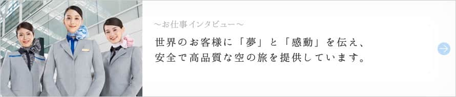 〜お仕事インタビュー〜 世界のお客様に「夢」と「感動」を伝え、安全で高品質な空の旅を提供しています。