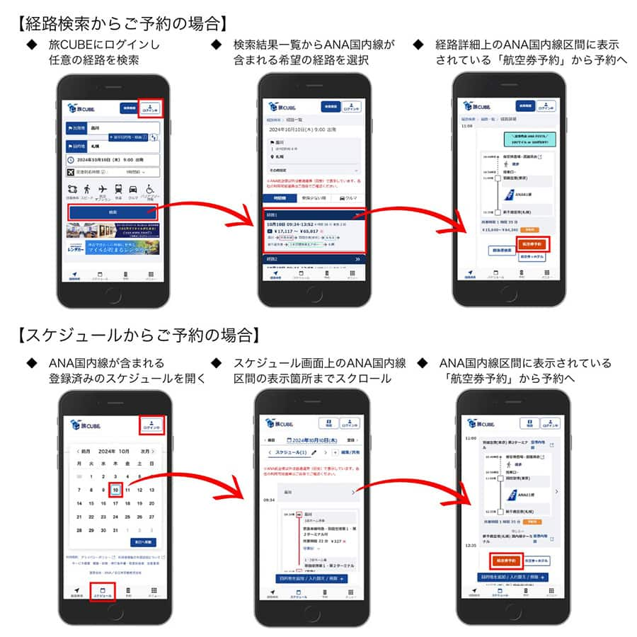 「経路検索からご予約の場合」：旅CUBEにログインし任意の経路を検索　検索結果一覧からANA国内線が 含まれる希望の経路を選択　経路詳細上のANA国内線区間に表示されている「航空券予約」 から予約へ　「スケジュールからご予約の場合」：ANA国内線が含まれる登録済みのスケジュールを開く　スケジュール画面上のANA国内線区間の表示箇所までスクロール　ANA国内線区間に表示されている「航空券予約」から予約へ