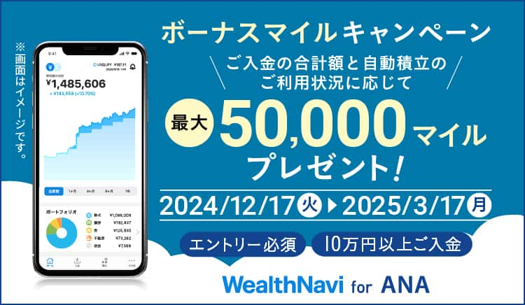 ボーナスマイルキャンペーン　ご入金の合計額と自動積立のご利用状況に応じて最大50,000マイルプレゼント！　2024/12/17（火）～2025/3/17（月） エントリー必須 10万円以上ご入金　WealthNavi for ANA