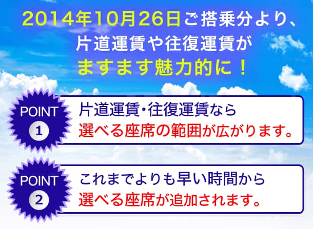 2014年10月26日ご搭乗分より、片道運賃や往復運賃がますます魅力的に!