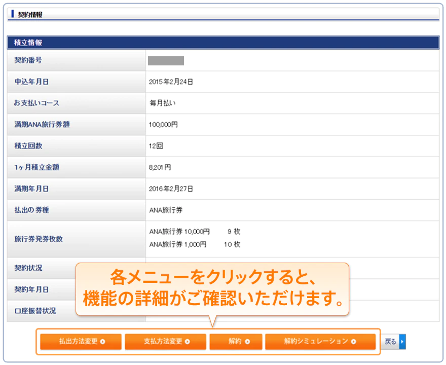 積立情報　各メニューをクリックすると、機能の詳細がご確認いただけます。