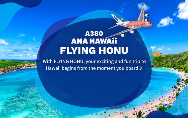 A380 ANA Hawaii FLYING HONU With FLYING HONU, your exciting and fun trip to Hawaii begins from the moment you board♪