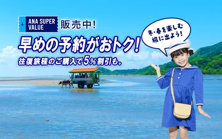 ANA SUPER VALUE販売中！早めの予約がおトク！往復旅程のご購入で5％割引も。冬・春を楽しむ旅に出よう！