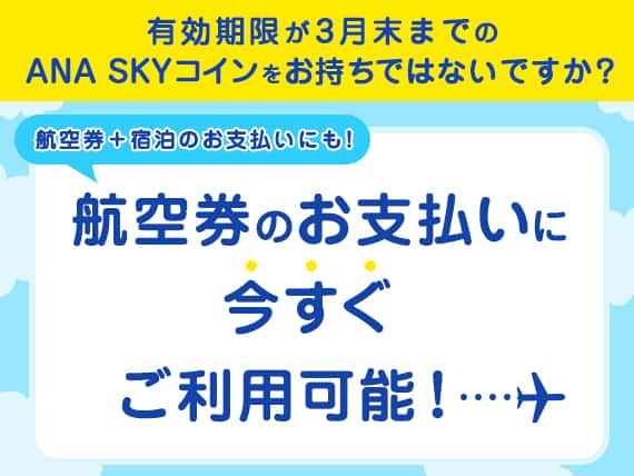 有効期限が3月末までのANA SKYコインをお持ちではないですか？航空券のお支払いに今すぐご利用可能！航空券+宿泊のお支払いにも！