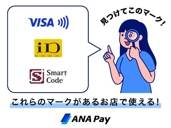 VISA　iD　Smart Code　見つけてこのマーク！　これらのマークがあるお店で使える！　ANA Pay