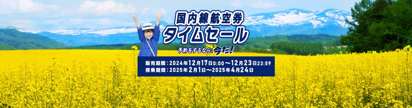 国内線航空券タイムセール　予約をするなら、今だ！販売期間：2024年12月17日0:00～12月23日23:59　搭乗期間：2025年2月1日～2025年4月24日