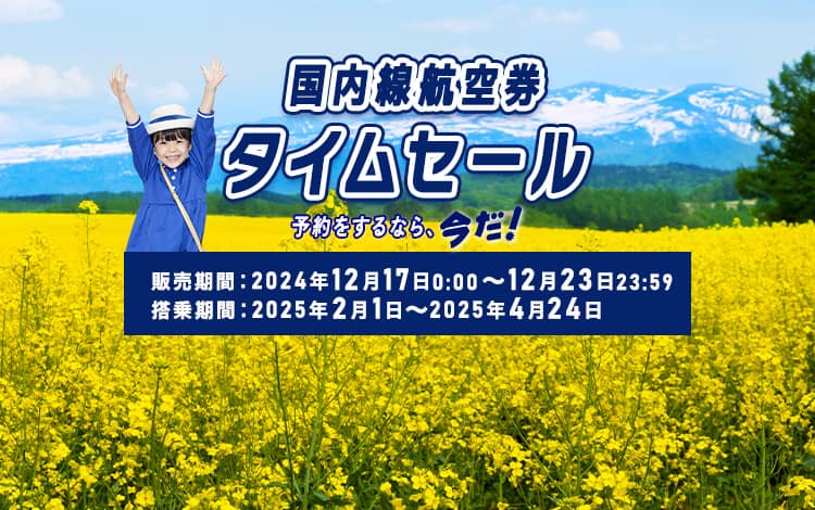 国内線航空券タイムセール　予約をするなら、今だ！販売期間：2024年12月17日0:00～12月23日23:59　搭乗期間：2025年2月1日～2025年4月24日