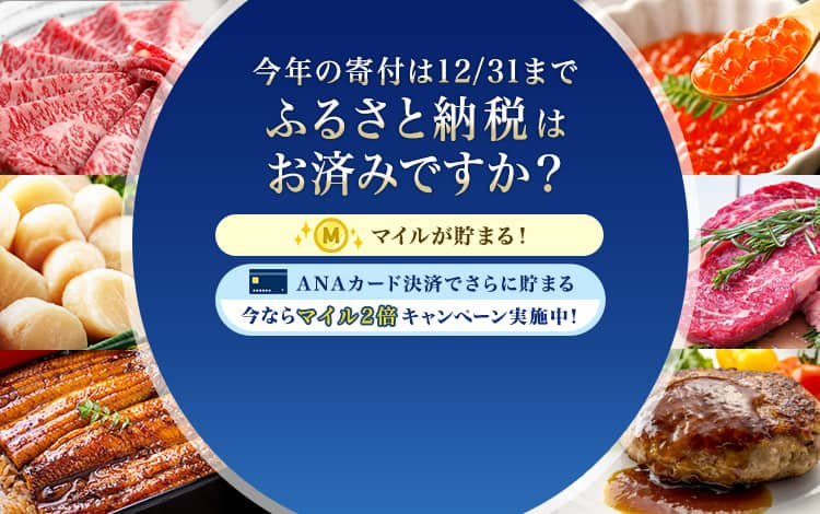 今年の寄付は12/31まで ふるさと納税はお済みですか？ マイルが貯まる！ANAカード決済でさらに貯まる 今ならマイル2倍キャンペーン実施中！